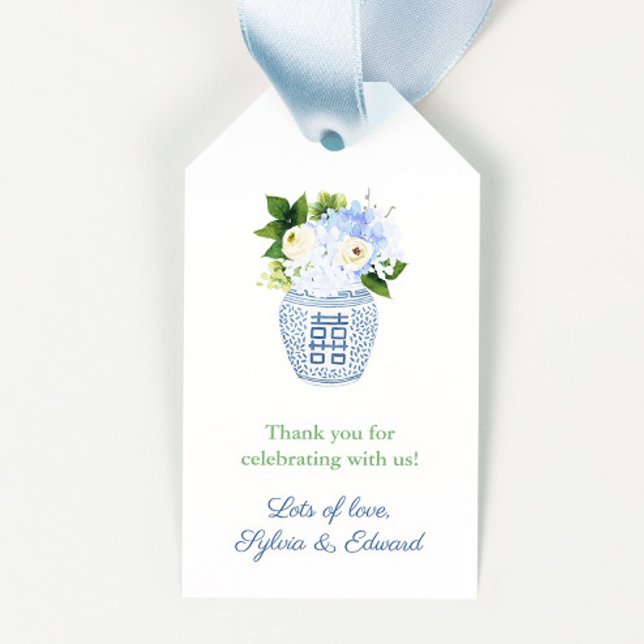 Kön Neutral Grönt Vita blå Blommigt Babykläder Presentetikett (Gender neutral blue white and green chinoiserie chic baby shower favor tags)
