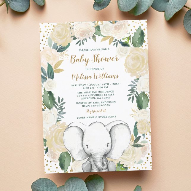 Kön Neutral Guld Greenery Elephant Baby Shower Inbjudningar (Skapare uppladdad)