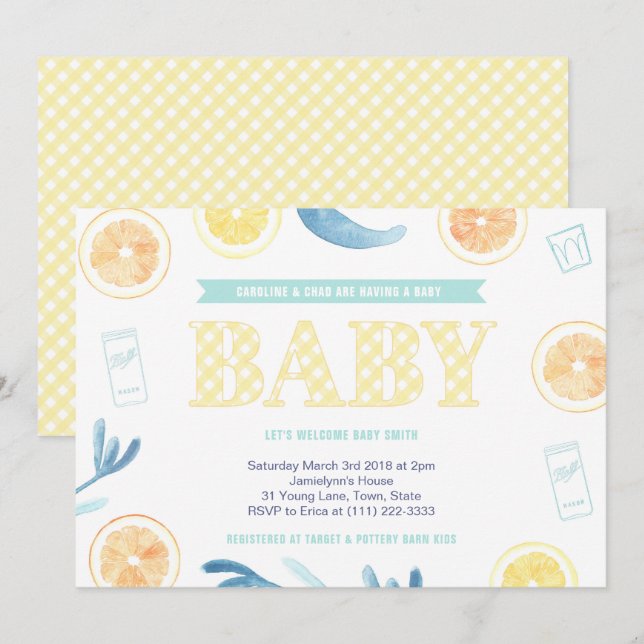 Kön Neutral Gult Aqua Citrus Baby Shower Inbjudningar (Fram/baksida)