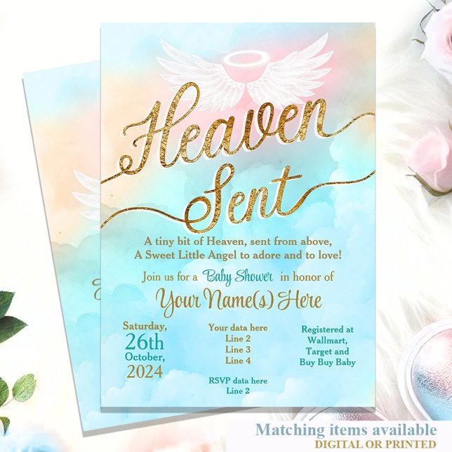 Kön Neutral Heaven Sent Baby Shower-inbjudan Inbjudningar (Gender Neutral Little Angel Baby shower turquoise pink blue gold unisex reveal)