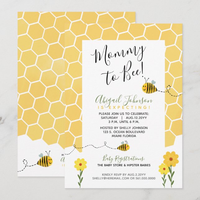 Kön Neutral Honeycomb Mamma till Bee Baby Shower Inbjudningar (Fram/baksida)