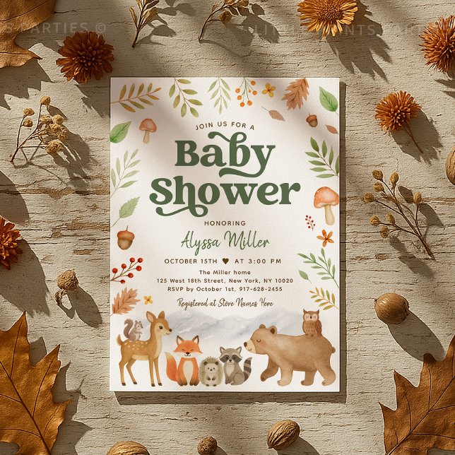 Kön Neutral kalk Skogsdjur Baby Shower Inbjudningar (Sweet woodland animal baby shower invitation in cozy autumn colors 🍁🦔🦊)