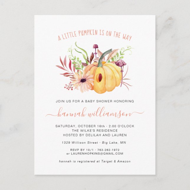 Kön Neutral Little Pumpkin Autumn Shower Inbjudan Vykort (Framsida)