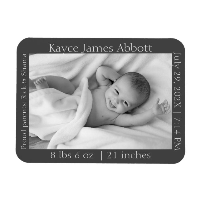 Kön Neutral minimalistisk Grått Birth Notice Magnet (Horisontell)