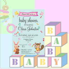 Kön Neutral Musical Animals Teal Baby Shower Inbjudningar