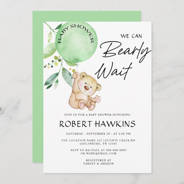 Kön Neutral Nalle Barly Wait Baby Shower Inbjudningar (Fram/baksida)