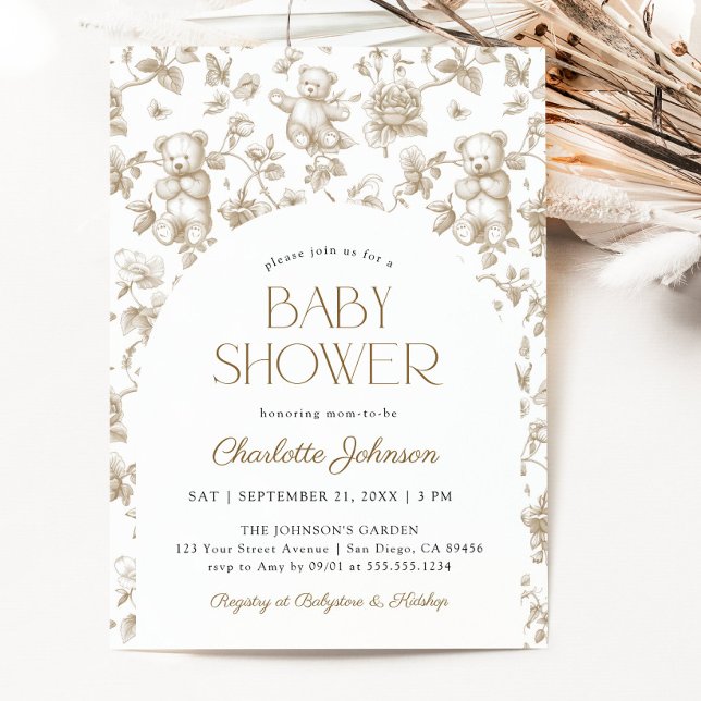Kön Neutral Nalle Toile de Jouy Inbjudningar (Gender Neutral Teddy Bear Toile de Jouy Invitation)