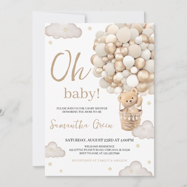 Kön Neutral Oh Baby Bear Baby Shower Inbjudningar (Framsida)