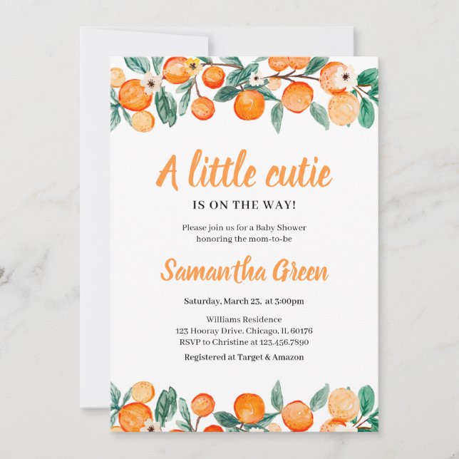 Kön Neutral Orange Citrus Baby Shower Inbjudningar (Framsida)