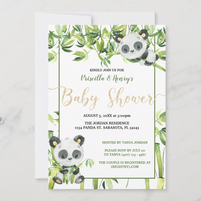 Kön Neutral Panda Grönt Bamboo Baby Shower Inbjudningar (Framsida)