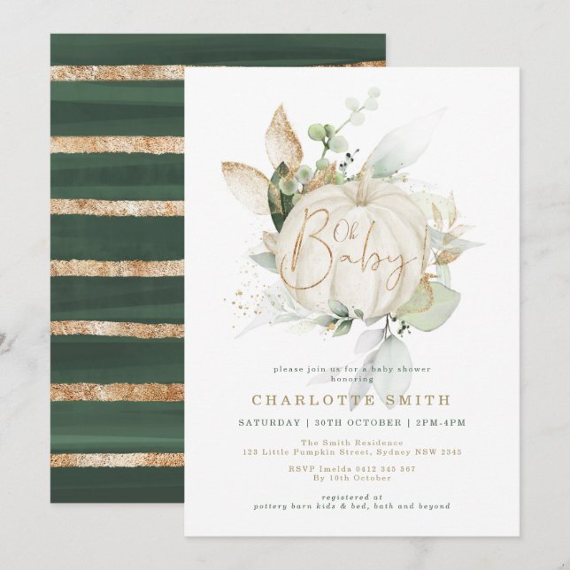 Kön Neutral Pumpkin Grey Guld Baby Shower Inbjudningar (Fram/baksida)
