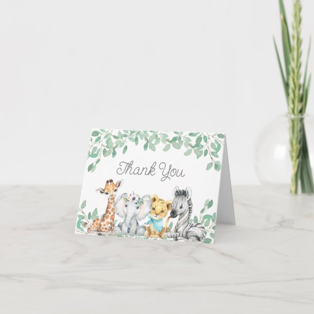 Kön Neutral Safari Animals Greenery Baby Shower Tack Kort (Framsida)