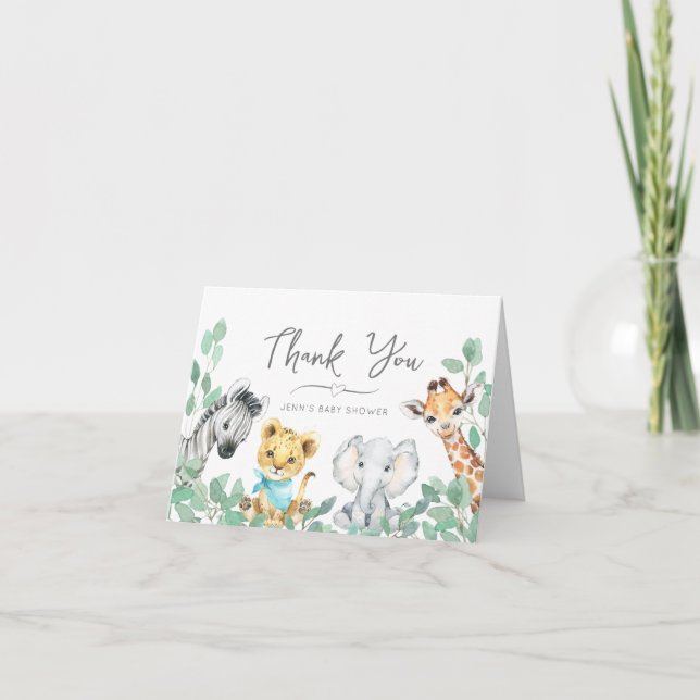 Kön Neutral Safari Animals Greenery Baby Shower Tack Kort (Framsida)