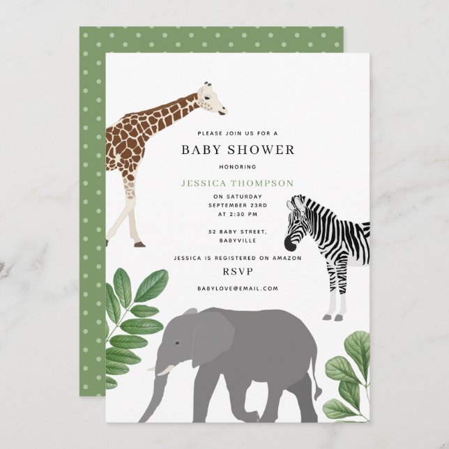 Kön Neutral Safari Vilda djur Baby Shower Inbjudningar (Fram/baksida)