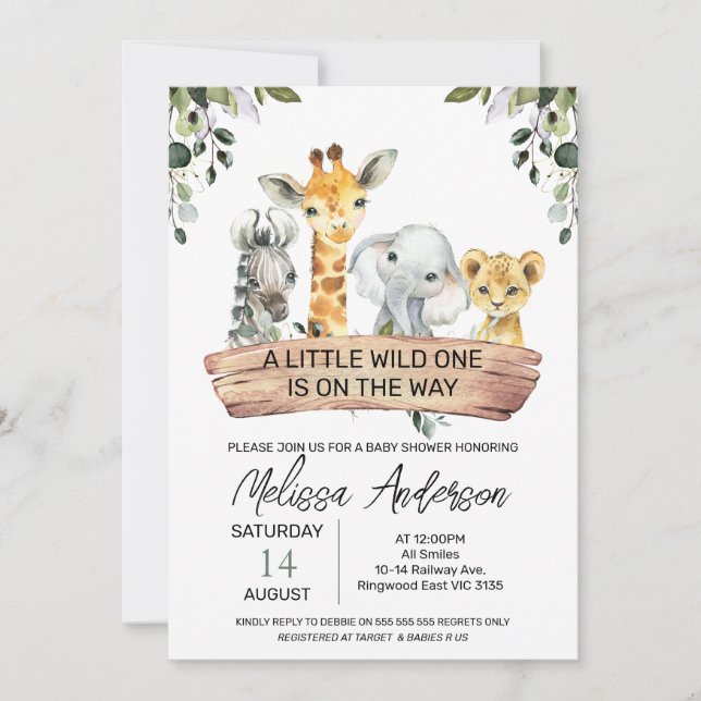 Kön Neutral Safari Wood Banner Baby Shower Inbjudningar (Framsida)