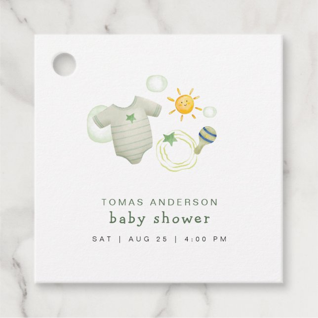 Kön Neutral Sage Grönt Barnkläder Leksak Shower Gåvor Etiketter (Framsida)