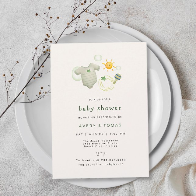 Kön Neutral Sage Grönt Barnkläder Leksak Shower Inbjudningar (Gender Neutral Sage Green Baby Clothes Toys Shower Invitation)