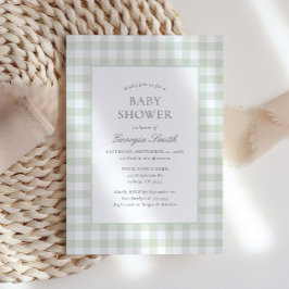 Kön Neutral Sage Grönt Gingham Baby Shower Inbjudningar