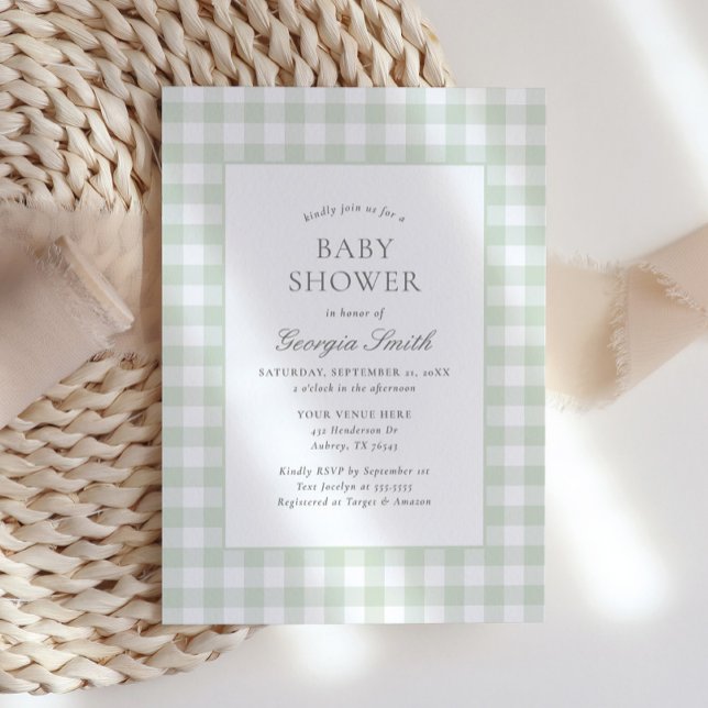 Kön Neutral Sage Grönt Gingham Baby Shower Inbjudningar (Skapare uppladdad)