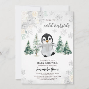 Kön Neutral Silver Penguin Baby Shower Inbjudningar