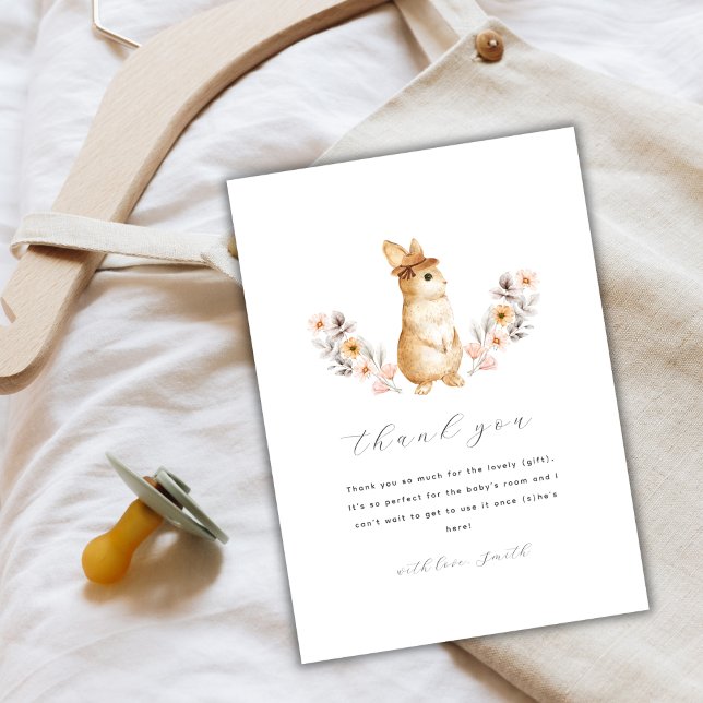 Kön Neutral Simple Bunny Wildblomme Baby Shower Tack Kort (Gender Neutral Simple Bunny Wildflower Baby Shower Thank You Card)