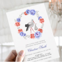 Kön Neutral Stork Blue Red Blommigt Baby Shower I
