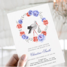 Kön Neutral Stork Blue Red Blommigt Baby Shower I Inbjudningar