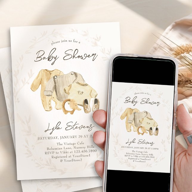 Kön Neutral Sweet Barnkläders Baby Shower Inbjudningar (Baby Clothes Baby Shower Invitation - from my Baby Clothes Baby Shower Collection)