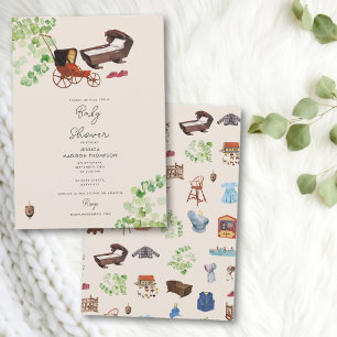 Kön Neutral Vintage Nursery Leksak Baby Shower Inbjudningar