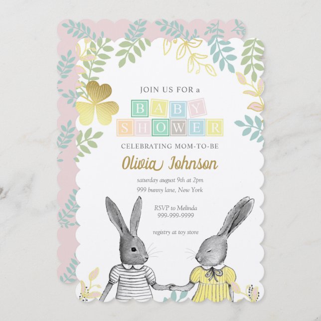 Kön Neutral Whimsic Rustic Bunny Baby Shower Inbjudningar (Fram/baksida)