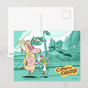 Kon och kyckling som kör grafik vykort