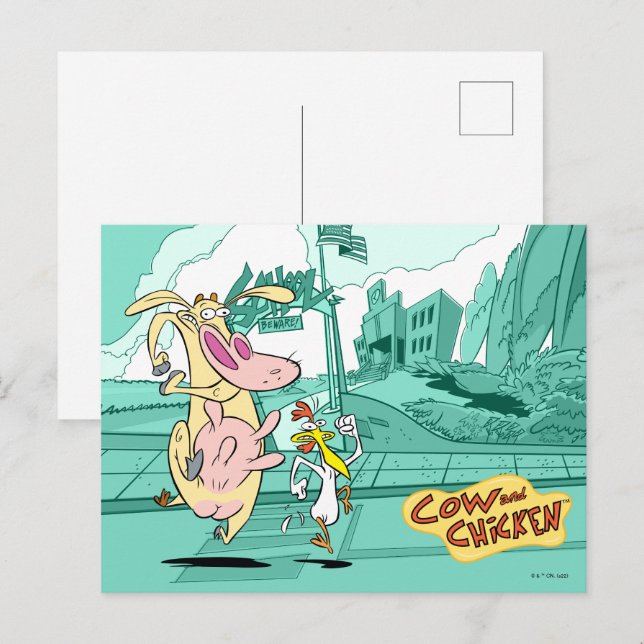 Kon och kyckling som kör grafik vykort (Fram/baksida)