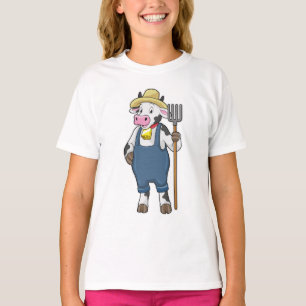 Kon som jordbrukare med högaffel t shirt