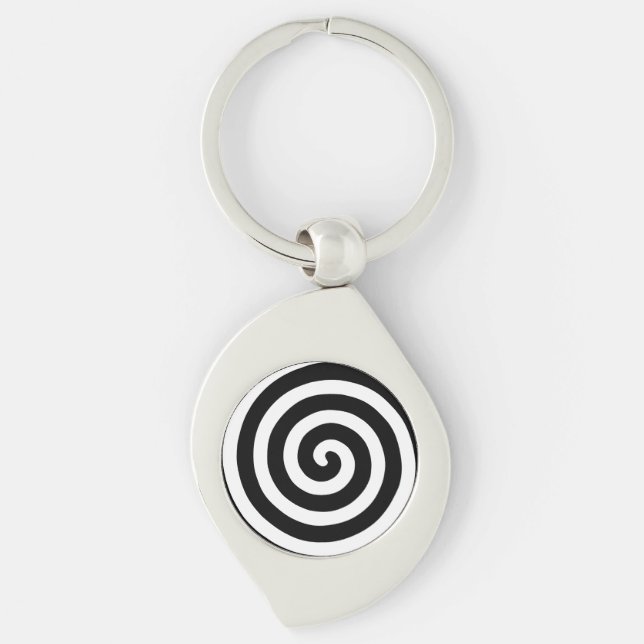 Koncentrisk spiral i svart och vitt swirl silverfärgad nyckelring (Framsidan)