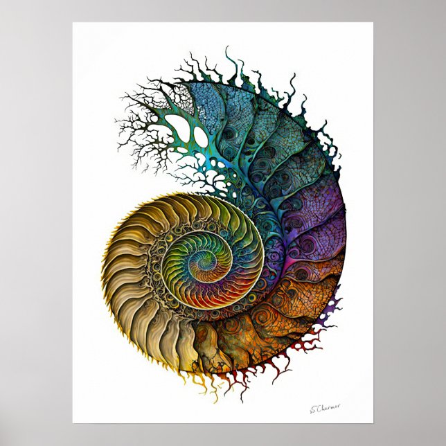 Koncept Ammonite Fossil i pulserande Bläck Färg Poster (Framsidan)