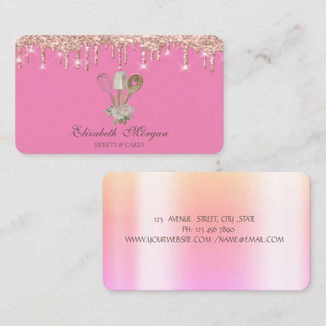 Konditorhandverktyg Glitter Roséguld Dropar Bakver Visitkort (Fram/baksida)