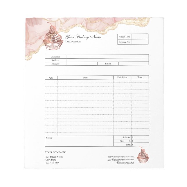Konditori Cupcake Bageri Orderblankett Faktura Not Anteckningsblock (Framsida)