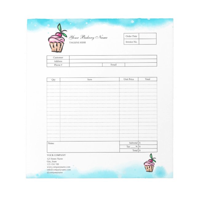 Konditori Cupcake Bageri Orderformulär Faktura Not Anteckningsblock (Framsida)