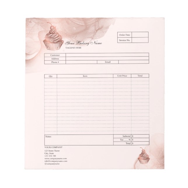 Konditori Cupcake Bageri Orderformulär Faktura Not Anteckningsblock (Framsida)