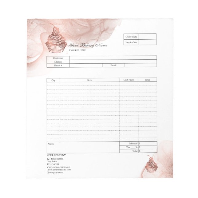 Konditori Cupcake Bageri Orderformulär Faktura Not Anteckningsblock (Framsida)