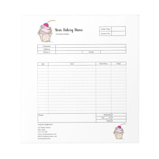 Konditori Cupcake Bageri Orderformulär Faktura Not Anteckningsblock (Framsida)