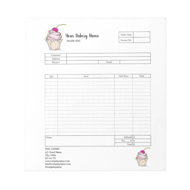 Konditori Cupcake Bageri Orderformulär Faktura Not Anteckningsblock (Framsida)