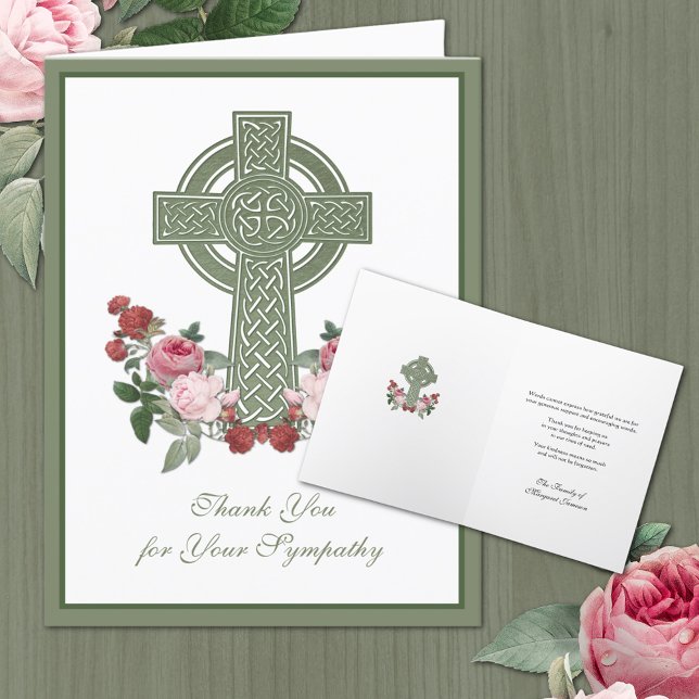 Kondoleans mellan det katolska irländska Celtic Ko Tack Kort (Beautiful Moss Green Irish Celtic Cross with pink and red roses Condolence thank you cards)