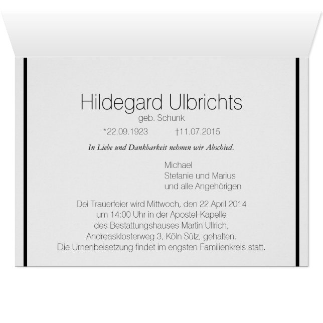 Kondolenzkarte dezent OBS kort (Insidan Horizontal (UnderSidan))