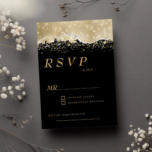 Konetti OSA av lyxsvart guld silver glitter Inbjudningar (Luxury black gold silver glitter confetti RSVP )