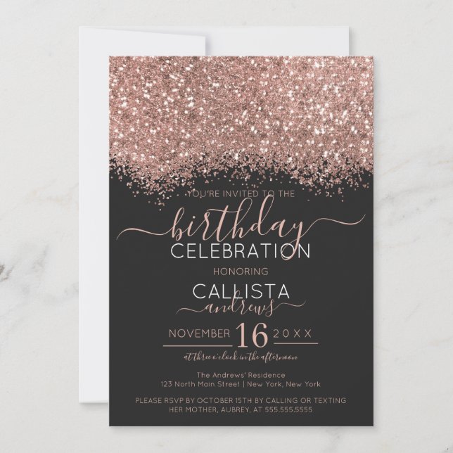 Konfetti Birthag i Luxury Ro Guld Black Glitter Inbjudningar (Framsida)