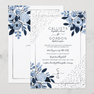 Konfetti Blommigt Gräns Bröllop vid Silver Glitter Inbjudningar