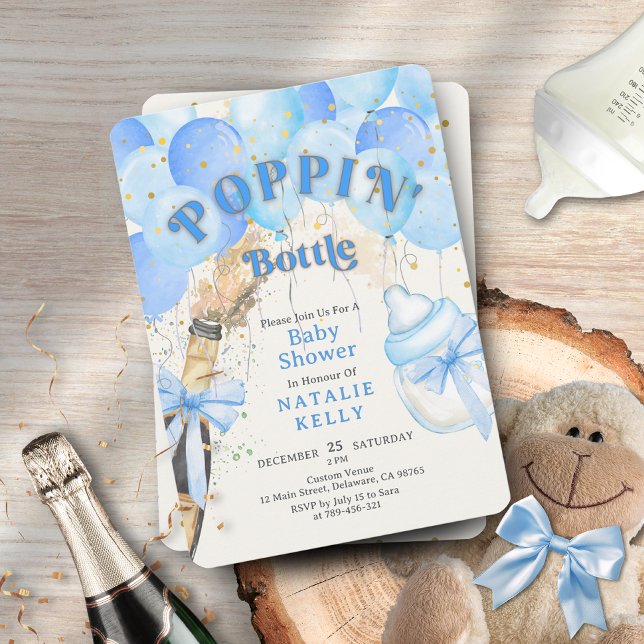 Konfetti Blue Balloon Poppin' Flaskor Baby Shower Inbjudningar (Confetti Blue Balloon Poppin' Bottles Baby Shower Invitation )