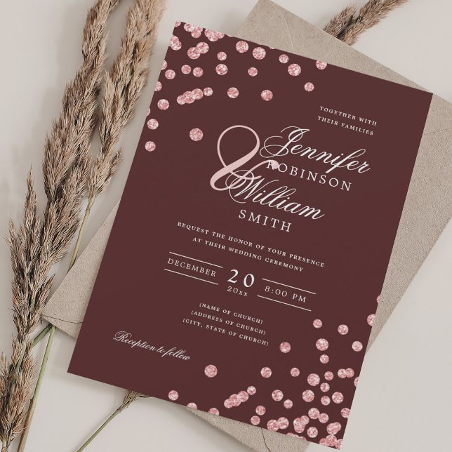 Konfetti Burgundy för elegant Bröllop Ro Inbjudningar (Elegant Script Wedding Rose Gold Confetti Burgundy Invitation)