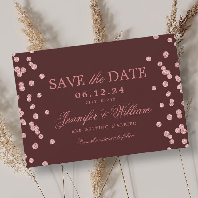 Konfetti Burgundy för elegant Bröllop Ro Spara Datumet (Elegant Script Wedding Rose Gold Confetti Burgundy Save The Date)